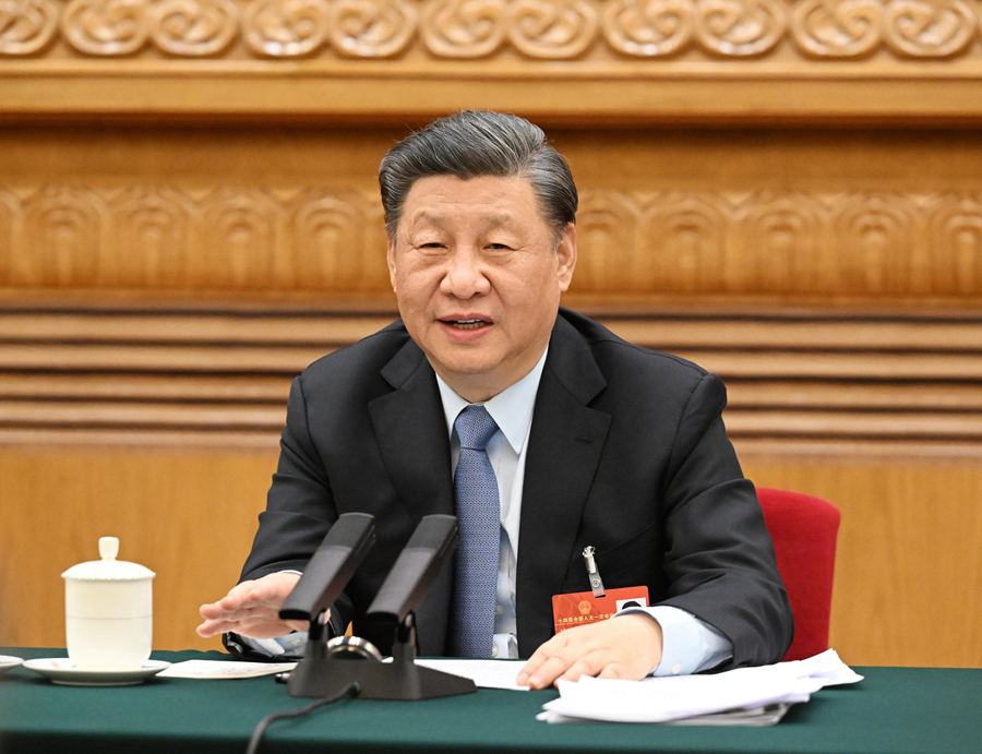 3月5日，中共中央总书记、国家主席、中央军委主席习近平参加他所在的十四届全国人大一次会议江苏代表团审议。